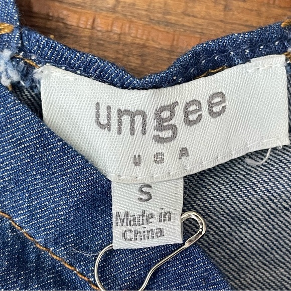 New UMGEE S Dark Cotton Blue Denim Short Overall Dress Front & Side Pockets - Picture 5 of 8
